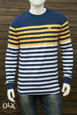 Men's White, Blue, And Yellow Striped Sweatshirt