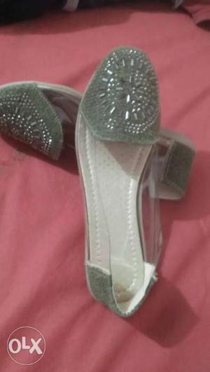 Pair Of Gray Glittered Peep-toe Heeled Sandals