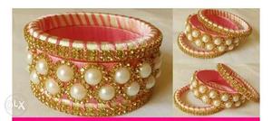Pink And Gold-colored Silk Thread Bangles With White Pearls