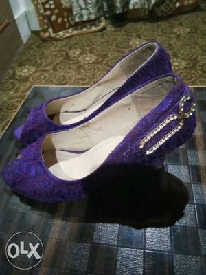 Purple-and-white Peep-toe Wedge Shoes