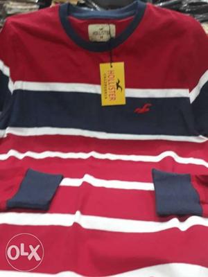 Red, White, And Black Striped Hollister Crew-neck Shirt