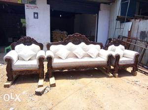 White Padded Brown Wooden Sofa Set