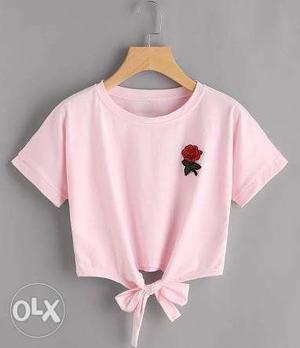 Women's Pink Rose Embroidered Crew-neck T-shirt