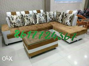 Brown And Green Floral Fabric Sectional Sofa