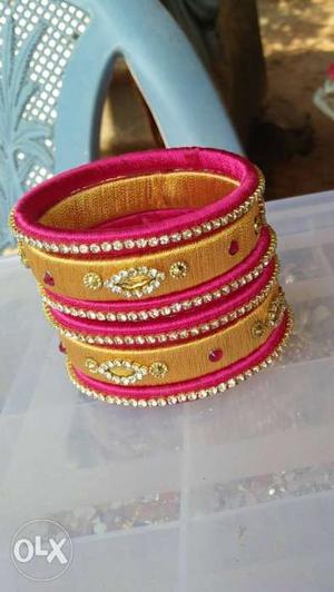 Pink And Yellow silk thread bangles Size: 2x4