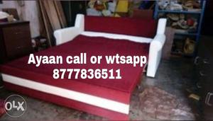 White And Maroon Sofa Bed With Text Overlay