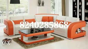 White And Orange Leather Padded Corner Sofa