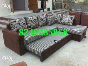White, Black, And Brown Striped Fabric Sectional Sofa