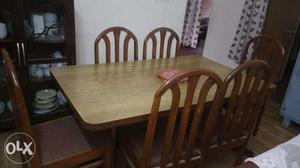 Wood Top Dining Table with Six Wooden Chairs
