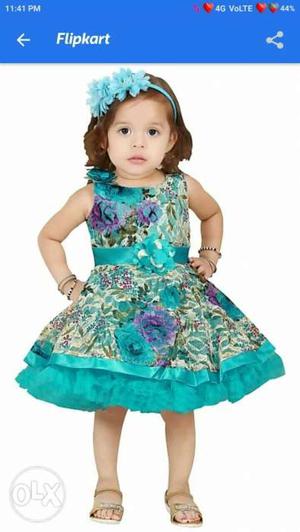 Girl's Blue And Green Floral Dress