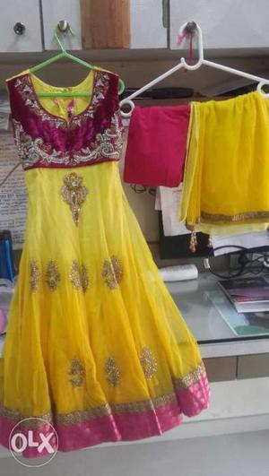 Yellow and Magenta Traditional Anarkali for 8-9 years