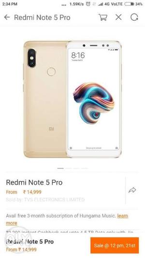 Sealed pack Mi Note Pro 5 gold 4+64 GB