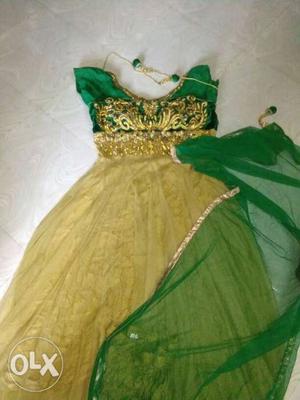 Girl's Green And Yellow Dress full work no used