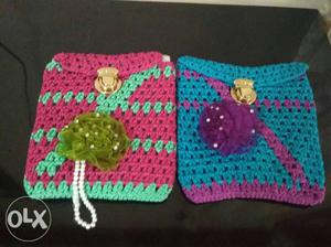 Pink And Blue Knitted sling Bags
