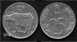 Rhino 25 paise year  indian coin for sale
