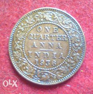 Round  Copper-colored One Quarter Anna Indian Coin