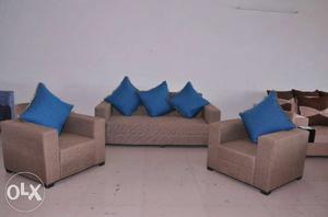 Brown And Blue Fabric Sofa Set