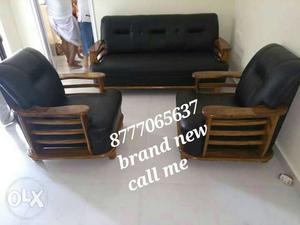 Brown Wooden Framed Black Padded 3-piece Sofa Set