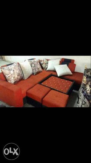 Red Fabric Sectional Sofa With Throw Pillows