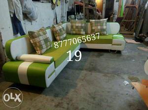 Green And White Sectional Couch With Text Overlay