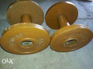 Two Brown Steel Barbell Plates
