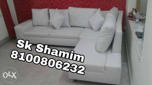White Fabric Sectional Sofa With Throw Pillows