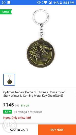 Games of thrones keychain high quality FIXED RATE