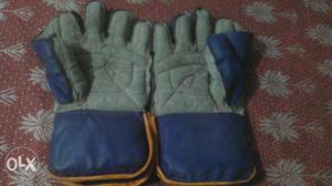 Gray-and-blue Leather Gloves