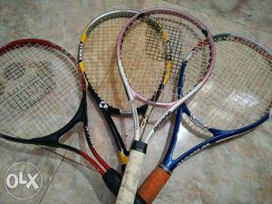 Tennis rackets all branded with new guts