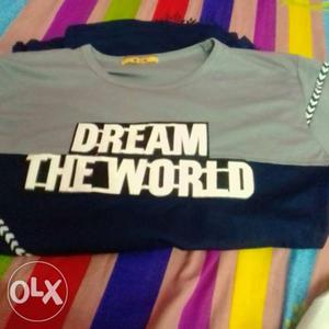 White Dream The World Print Gray And Blue Crew-neck Shirt