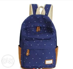 Blue, Brown, And White Polka-dot Backpack