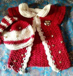 Red And Blue Beautiful Crochet Cardigan Along With Cap !!