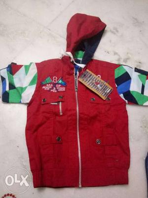 Toddler's Red And Green Jacket and denim capri