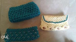 Two Blue And One White Knitted Clutch Bags