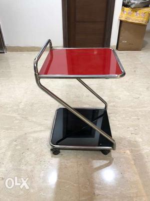 Red And Black Serving Cart With Gray Steel Frame