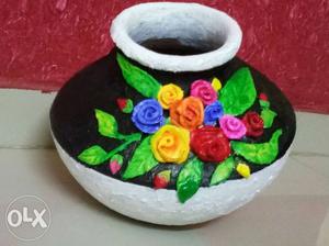 Black And Multicolored Floral Concrete Vase