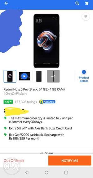 Redmi Note 5 pro 64gb memory 4gb RAM (Black)