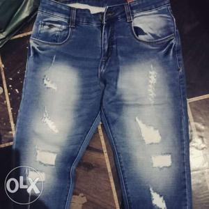 Distressed Blue Acid-washed Denim Jeans