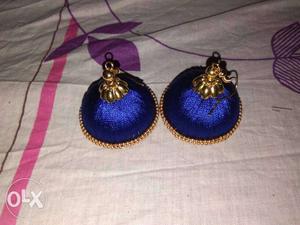 Pair Of Blue-and-gold Silk Thread Jhumkas Earrings