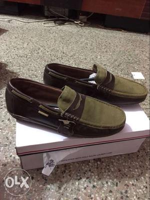 Pair Of Green-and-brown Leather Boat Shoes With Box
