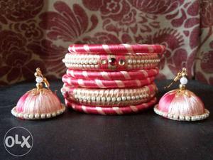 Pink Jhumka Earring And Silk Thread Bangle Lot