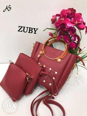Red Leather Tote Bag And Long Wallet