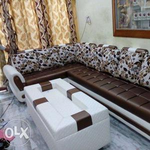 White And Brown Floral Fabric Sectional Sofa