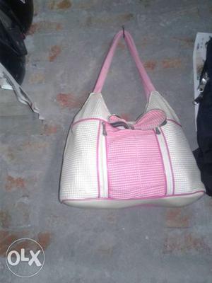 Women's White And Pink Leather Shoulder Bag