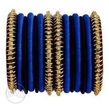 Blue-and-gold-colored Silk Threaded Bangle Set