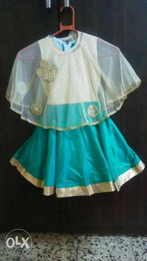 Girl's White And Teal Dress