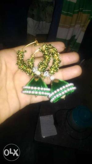 Handmade silk thread hoop earrings green