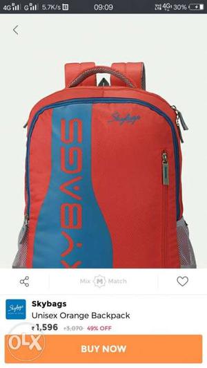 New bag Orange And Blue Skybags Backpack