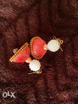 Peach colour silk thread earrings