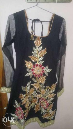 Women's Black And Brown Floral Sari Dress
